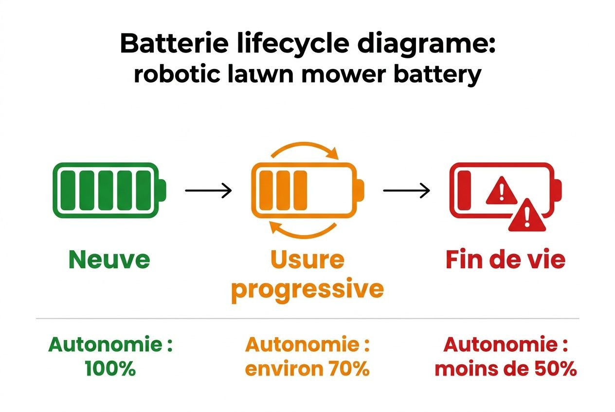Batterie robot tondeuse : schéma cycle vie avec durée et autonomie, montrant neuf, usure progressive et fin de vie, autonomie approximative de 100% à moins de 50%.