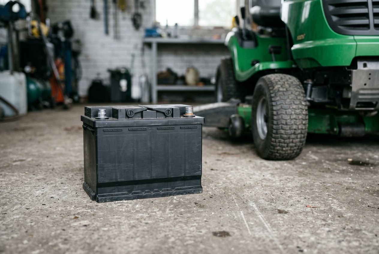 Batterie tonneau noire pour tondeuse autoportée posée au sol dans un atelier, près d’un modèle vert en arrière-plan.