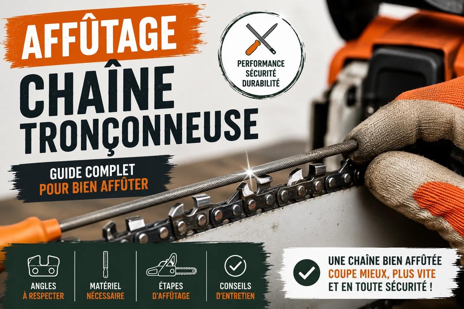 Chaîne tronçonneuse affûtée en main sur une pioche, avec texte “AFFÛTAGE CHAIne TRONÇONNEUSE” et icône performance, conseils et sécurité.