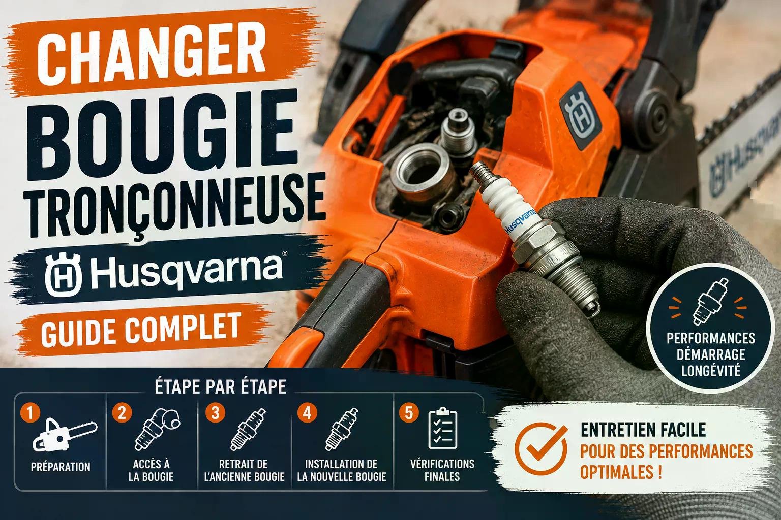 Changer la bougie tronçonneuse Husqvarna, guide complet avec étape par étape et bouchon d’allumage en gros plan. Changer la bougie tronçonneuse Husqvarna, guide complet avec étape par étape et bouchon d’allumage en gros plan.