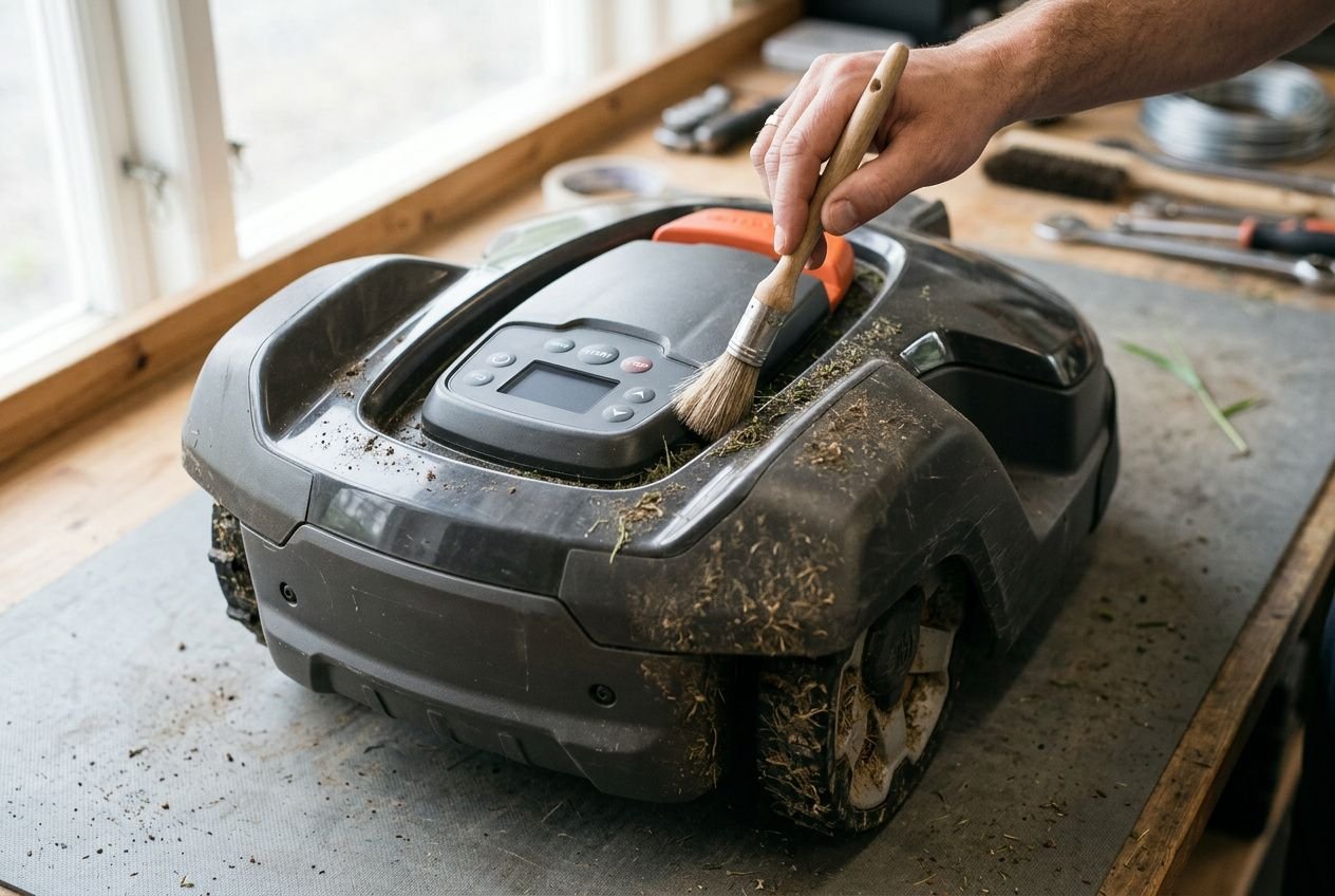 Designer un robot tondeuse Husqvarna en nettoyant l’appareil avec pinceau sur le châssis et roues, poussière et salissures visibles.