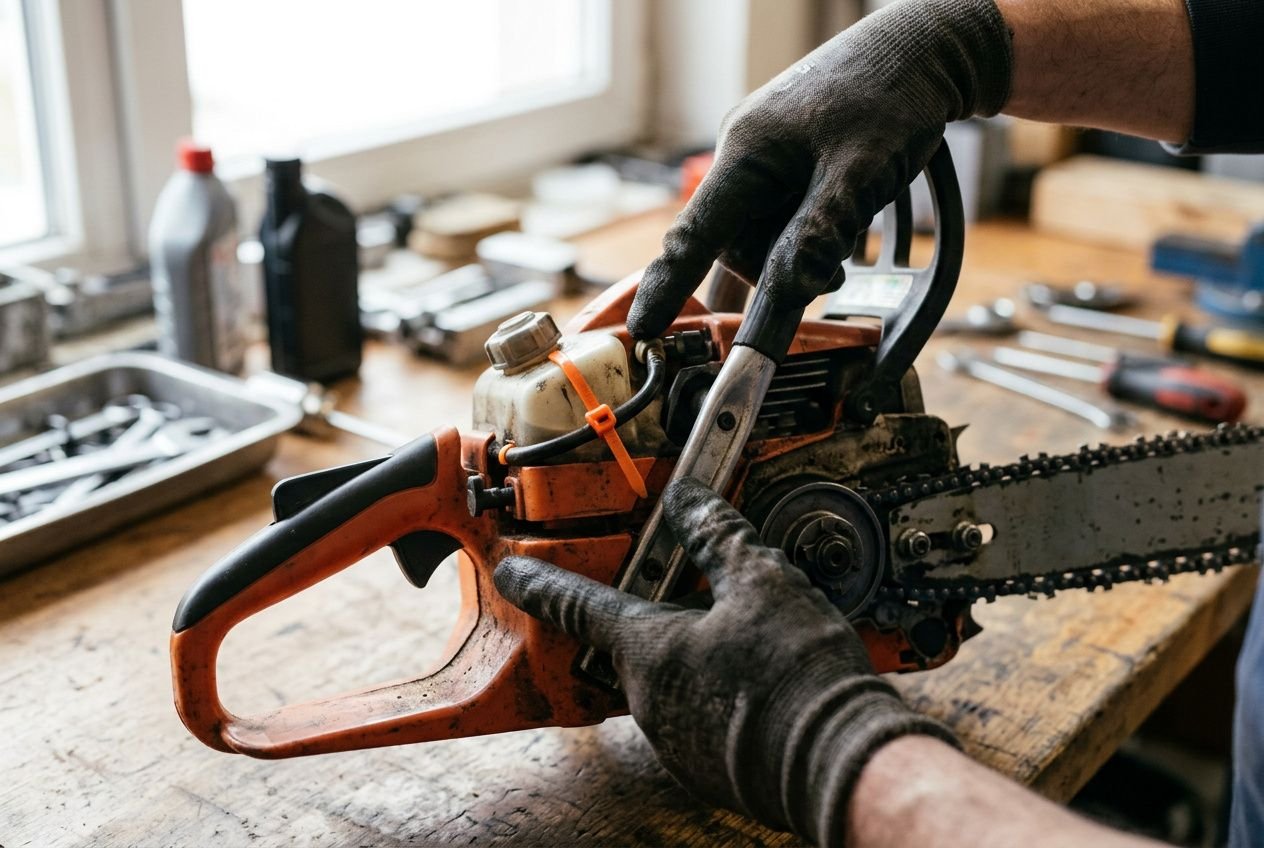 Gros plan sur une personne en gants travaillant sur une tronçonneuse, chaîne et guide au premier plan, outils et pièces autour sur le établi, révision tronçonneuse Stihl en cours.