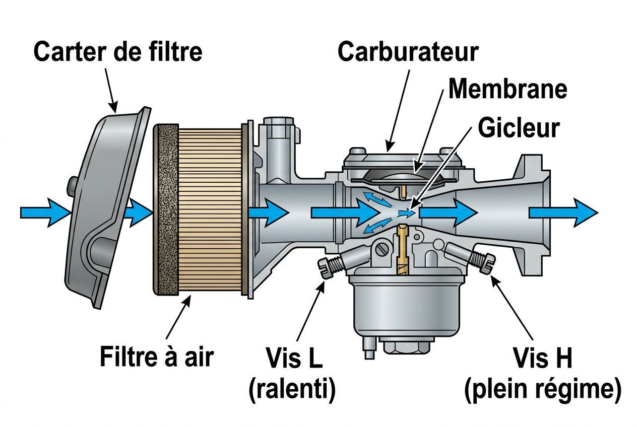 Gros plan du système de carburation montrant filtre à air, carter de filtre, carburateur, membrane et gicleur, avec vis L et vis H. tronçonneuse ne démarre pas.
