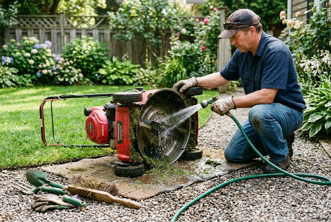 Homme nettoyant une tondeuse thermique à neige avec jet d’eau, jardin en arrière-plan et outils au sol. comment entretenir tondeuse thermique dans le contexte d’un entretien détaillé.