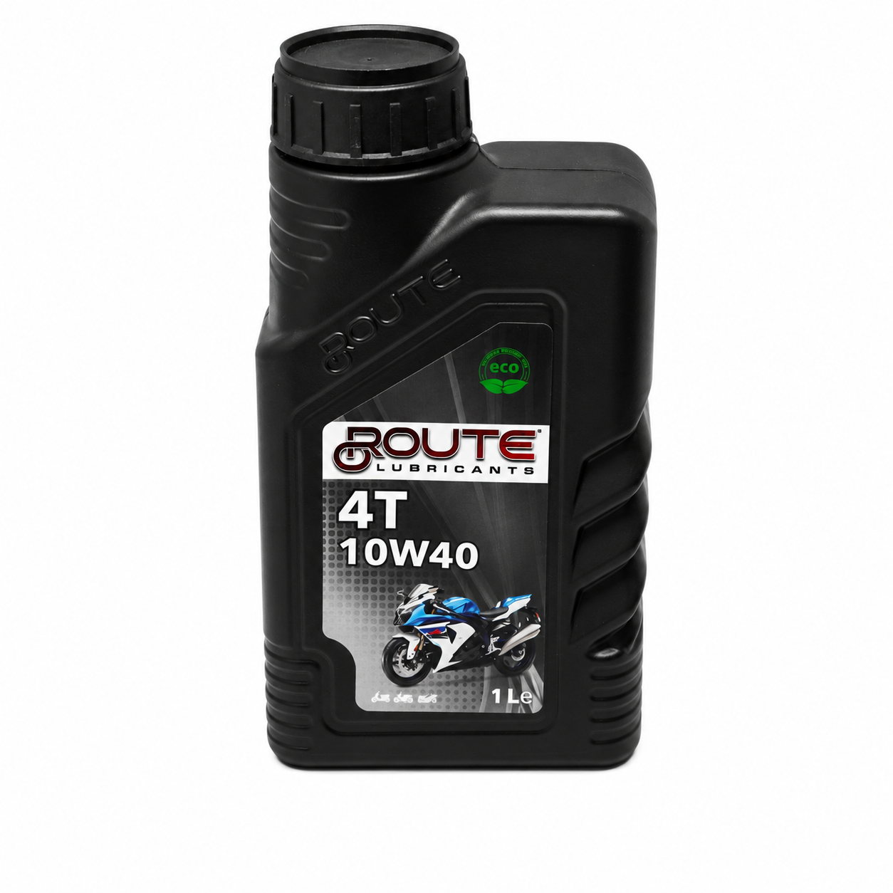 Huile moteur Route Lubricants 4T 10W40, flacon noir de 1 L avec moto graphique sur l’étiquette. Huile moteur Route Lubricants 4T 10W40, flacon noir de 1 L avec moto graphique sur l’étiquette.