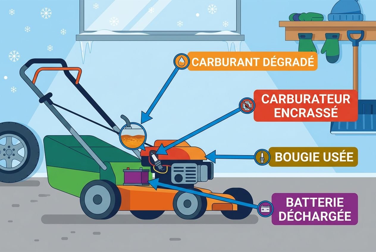 Illustration expliquant pourquoi ma tondeuse ne démarre pas: bougie usée, carburant dégradé, carburateur encrassé, filtre à air sale et batterie déchargée.