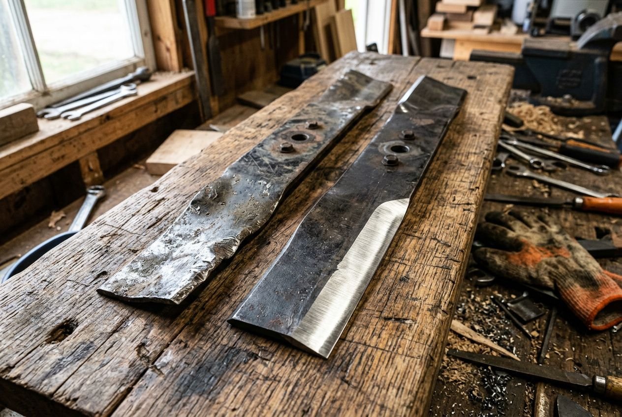 Lames de tondeuse autoportée usées sur un établi en bois, outils et copeaux autour, prêt à affûter ou remplacer l’affûtage et l’équilibrage.