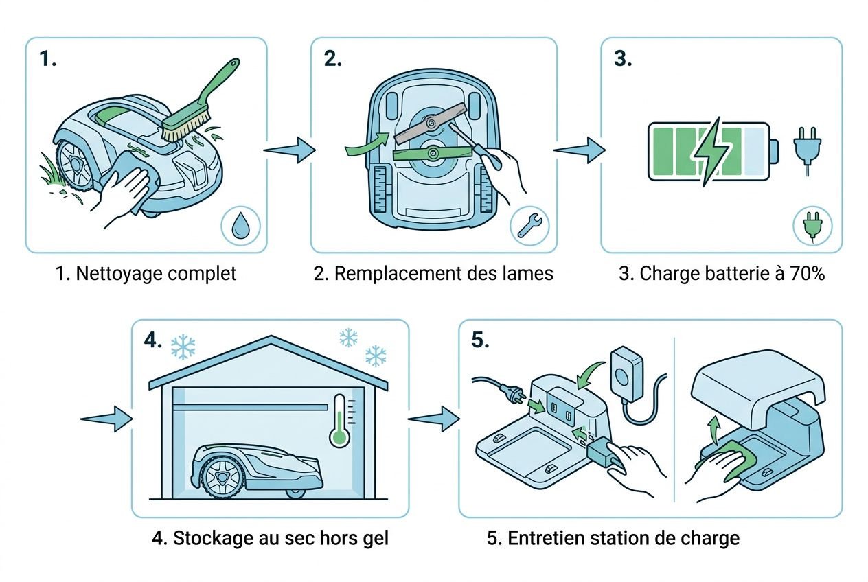 Nettoyage complet, remplacement des lames, chargeur et batterie à 70%, stockage au sec hors gel et entretien de la station de charge, guide d’**entretien robot tondeuse**.