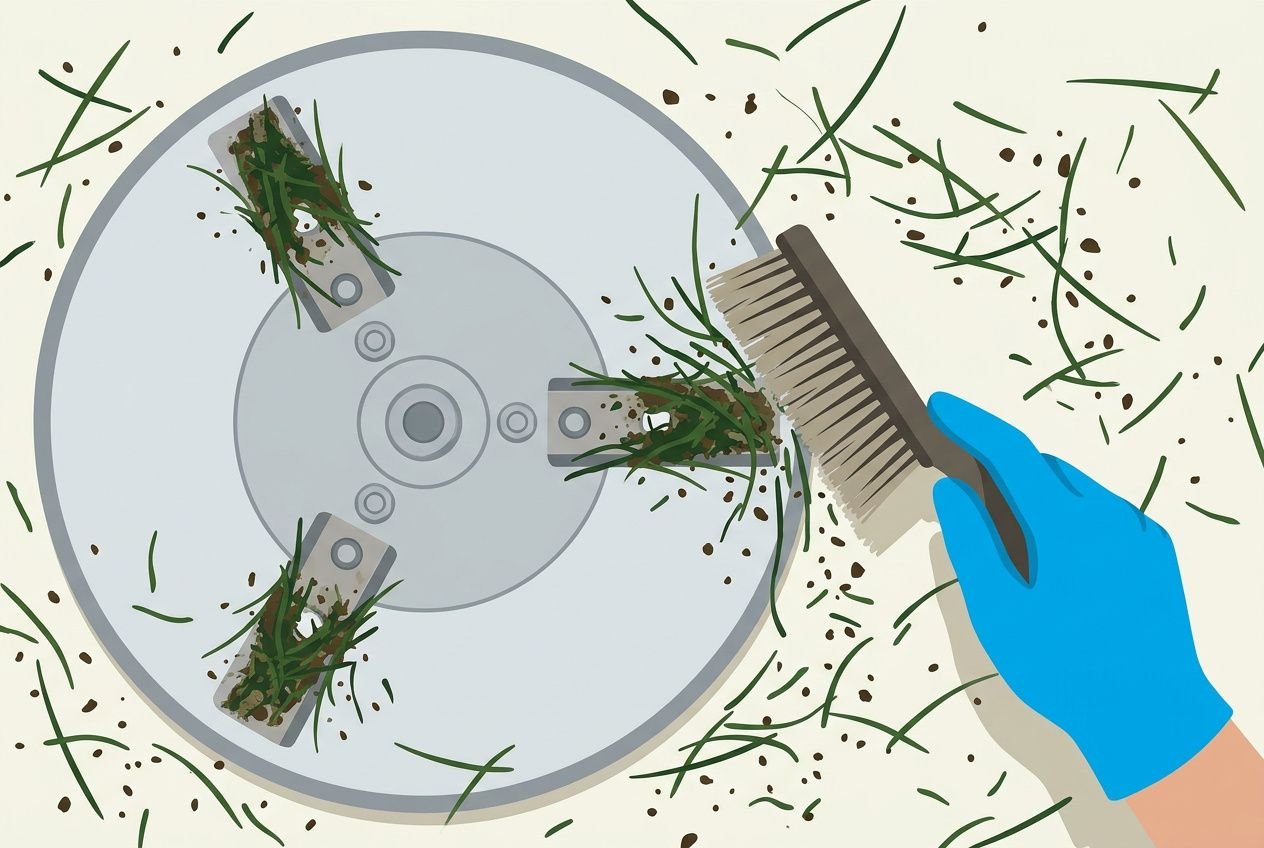 Nettoyage du dessous du robot tondeuse Mammotion : brosse et lames dégagés, herbes coupées et poussières autour. comment nettoyer son robot tondeuse mammotion intégré.