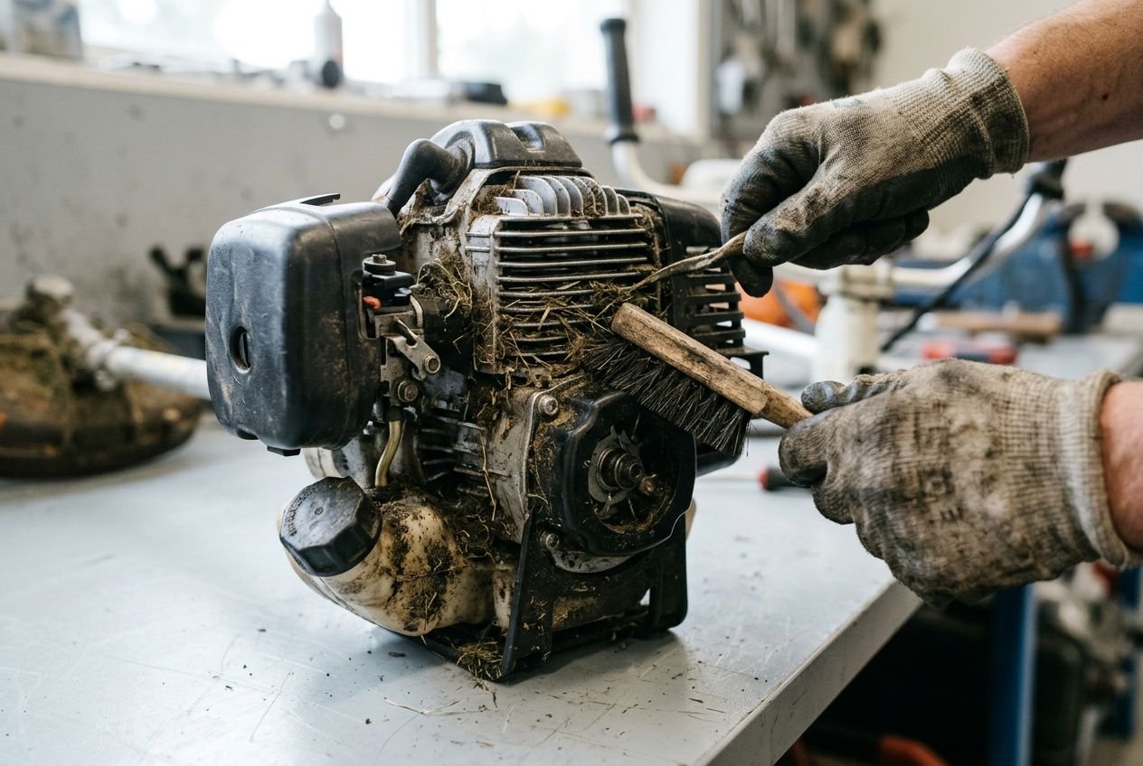 Personne nettoyant et démontant une débroussailleuse endommagée, volet moteur et pièce dégagée sur une table de travail. entretien débroussailleuse stihl.