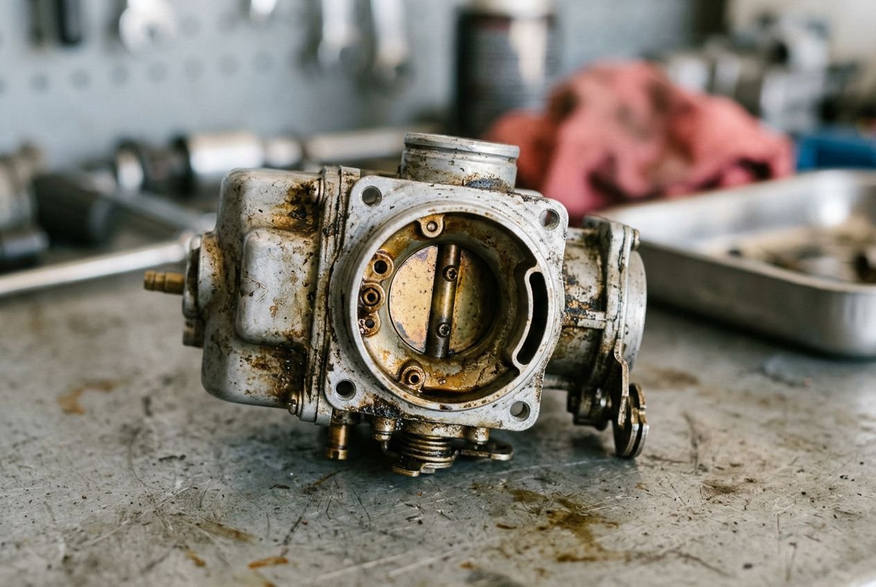 Pièce de carburateur ancienne et sale, apparence rouillée et residues, prête à être nettoyée étape par étape. Comment décrasser un carburateur.