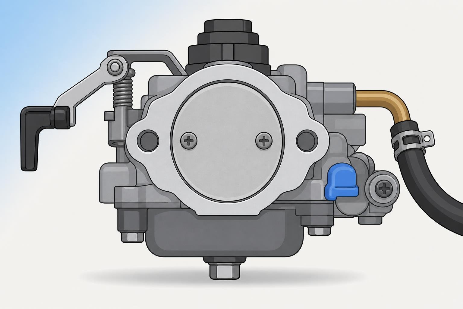 Pièce de carburateur de tondeuse à essence vue de face, avec leviers et durites, illustrant le système de démarrage. Pourquoi ma tondeuse ne démarre pas à froid est évoqué dans le contexte.