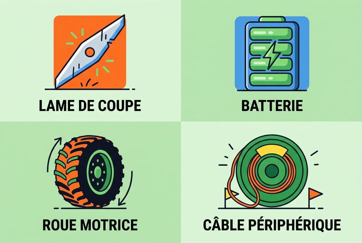 Quatre pictogrammes: lame de coupe, batterie, roue motrice, câble périphérique pour entretien robot tondeuse.