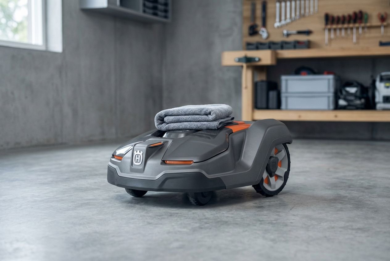 Robot tondeuse Husqvarna en hivernage dans un atelier, prêt pour le stockage avec une serviette sur le dessus.