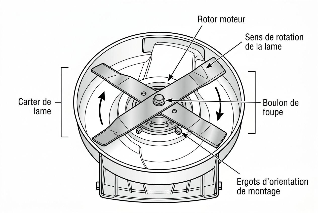 Schéma d’un bloc de lame et rotor d’une tondeuse thermique avec lames croisées, vis du boulon, et ergots d’orientation de montage.