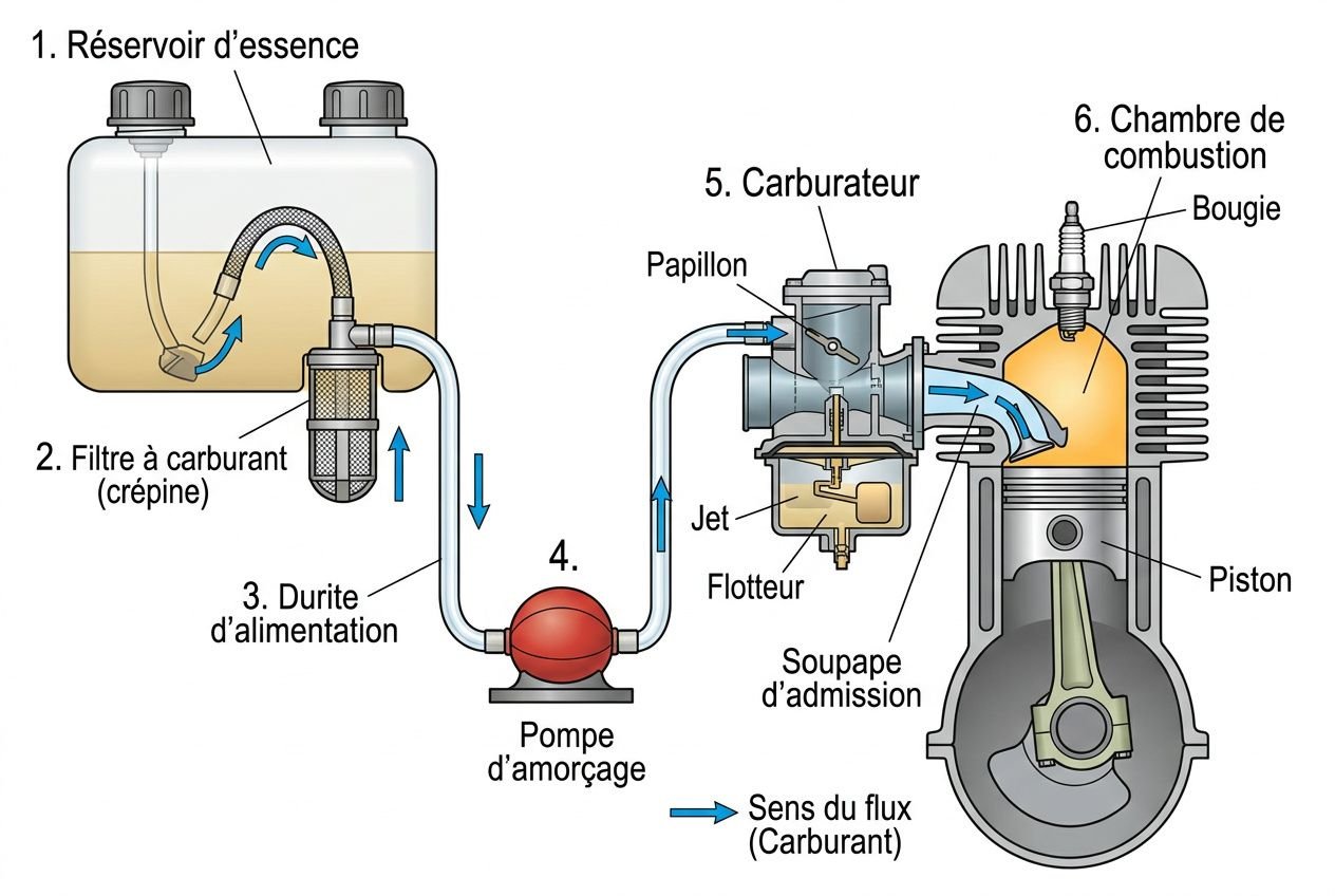 Schéma d’un moteur à essence: réservoir, filtre à carburant, durite d’alimentation et pompe d’amorçage montrant le cheminement du carburant vers le carburateur et la chambre de combustion. Démonstration visuelle des composants clés.