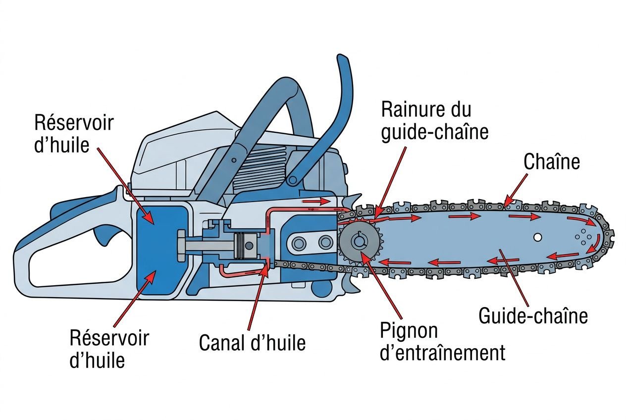 Schéma d’une tronçonneuse avec ses éléments: réservoir d’huile, canal et rainure de guide-chaîne, chaîne, pignon d’entraînement et guide-chaîne, démontrant le système de lubrification et d’entraînement. Mot-clé intégré: entretien tronçonneuse.
