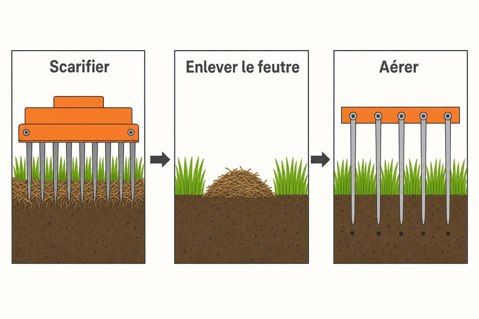 Schéma illustrant les étapes de préparation de la pelouse: Scarifier, Enlever le feutre et Aérer le sol.
