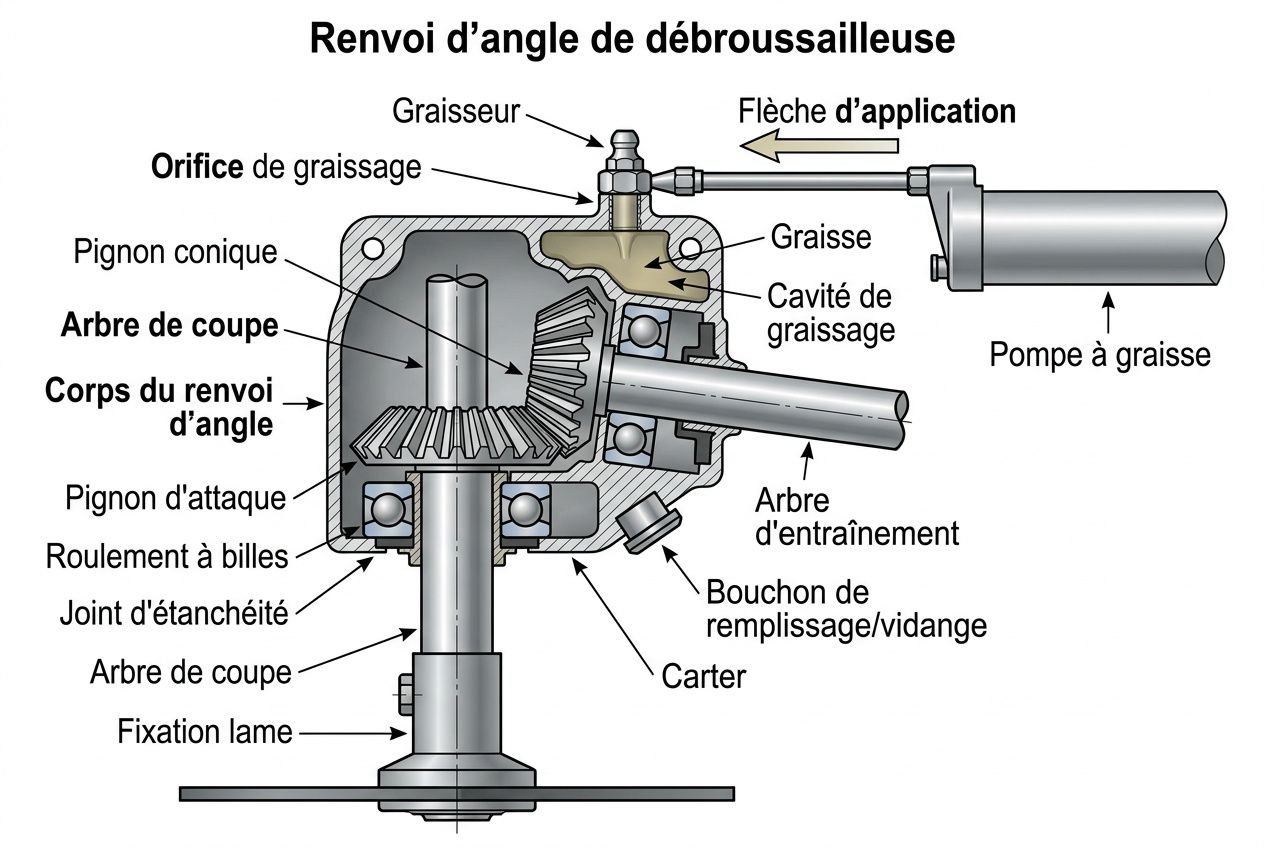 Schéma technique d’un renvoi d’angle de débroussailleuse montrant les pièces: arbre de coupe, pignon, engrenages, graisse, joints et cartier, avec flèche d’application.