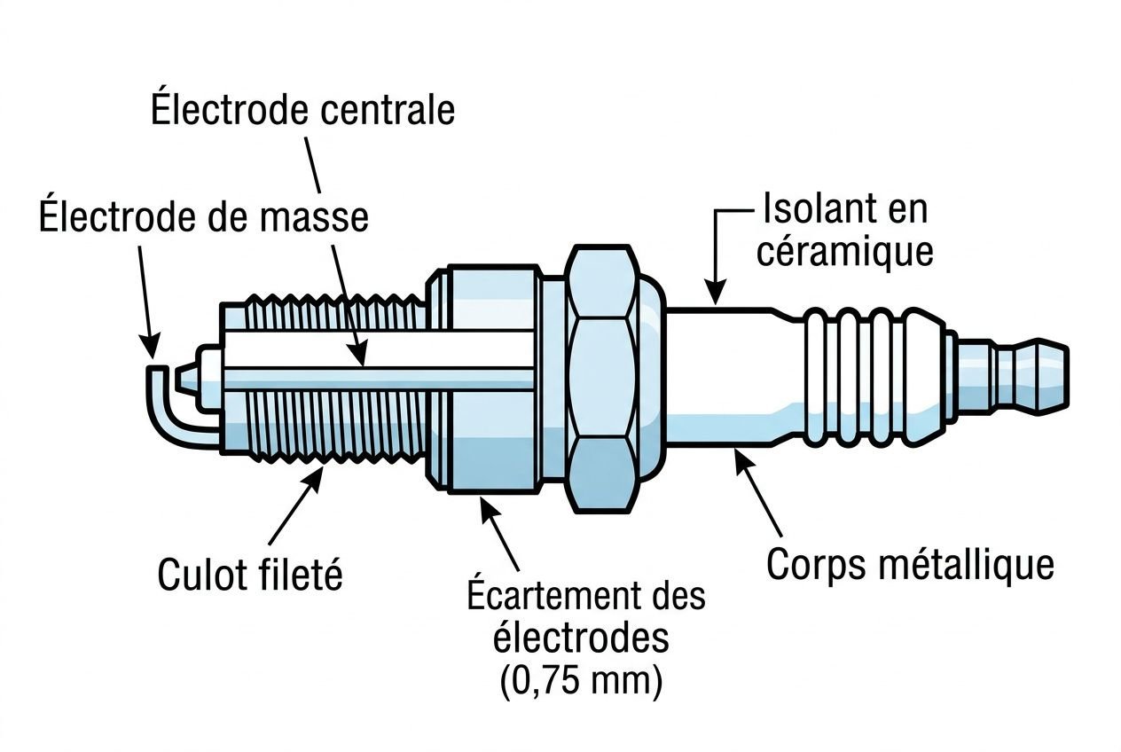Tendeur et guide de bougie: photo technique montrant une bougie d’allumage avec culot fileté, isolation en céramique et électrodes central et masse. Tondeuse démarre et s'arrête au bout de quelques secondes.