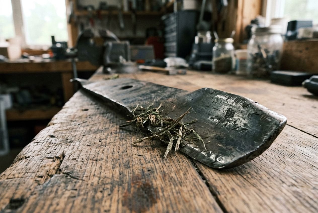 Tranche de lame de tondeuse usée posée sur un établi en bois, avec des débris végétaux. Contenu lié à l’affûtage avec meuleuse est suggéré par le contexte.