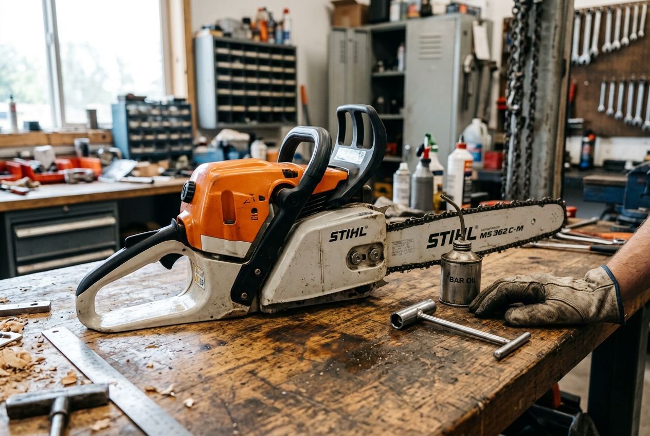 Tronçonneuse orange et blanche sur un établi, gants et outils à proximité dans un atelier, prêt pour l’entretien tronçonneuse.