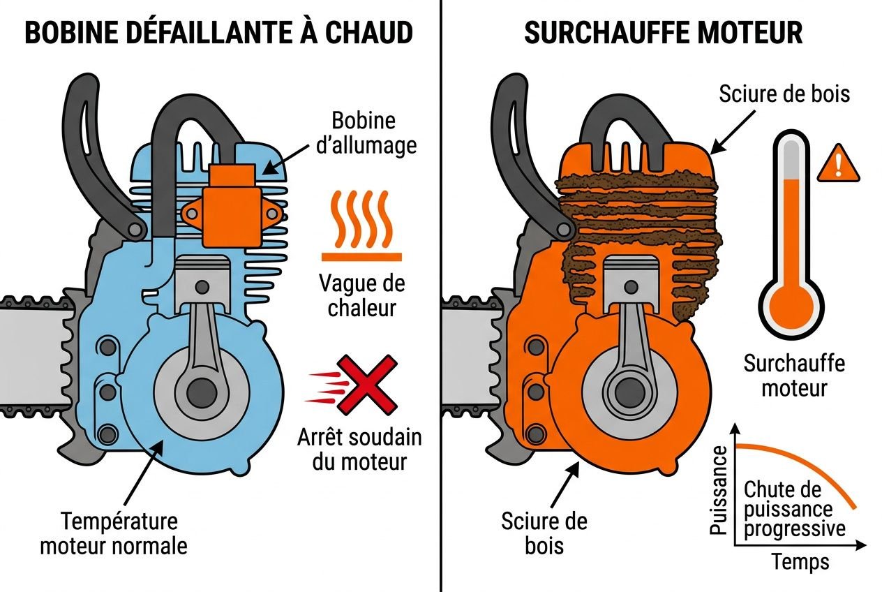 Tronçonneuse perd de la puissance: image schématique montrant cause et surchauffe du moteur, avec flamme, températures et composants tels que bougie et cylindres.