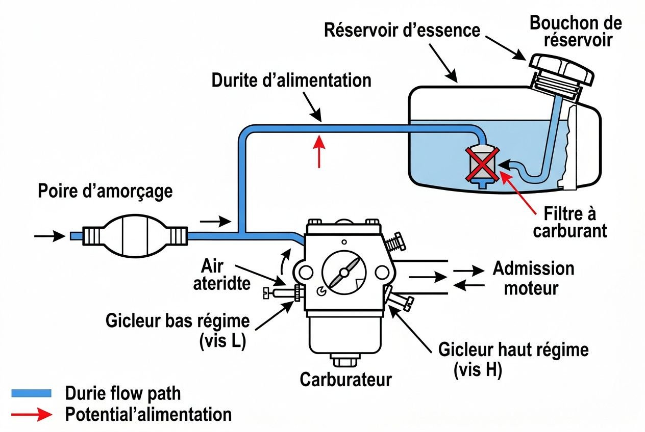 Tronçonneuse présentée avec le carburateur, réservoir et filtre; flèches indiquant le trajet du durite et l’alimentation en carburant, démontrant où la perte de puissance peut provenir.