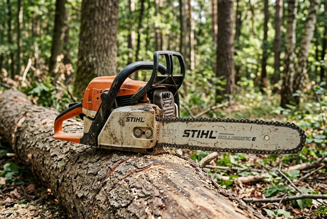 Tronçonneuse STIHL posée sur une bûche dans une forêt, pointing signalant une perte de puissance potentielle. Tronçonneuse perd de la puissance.