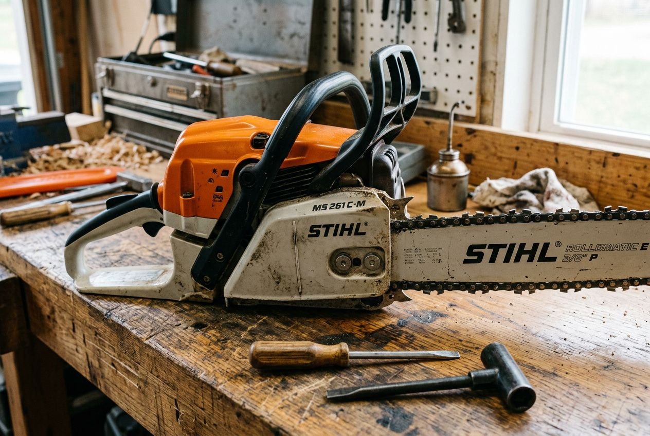 Tronçonneuse STIHL posée sur un établi, outils à proximité, dans un atelier; peut évoquer un entretien lié à "tronçonneuse ne démarre pas" et les éléments d’un diagnostic.
