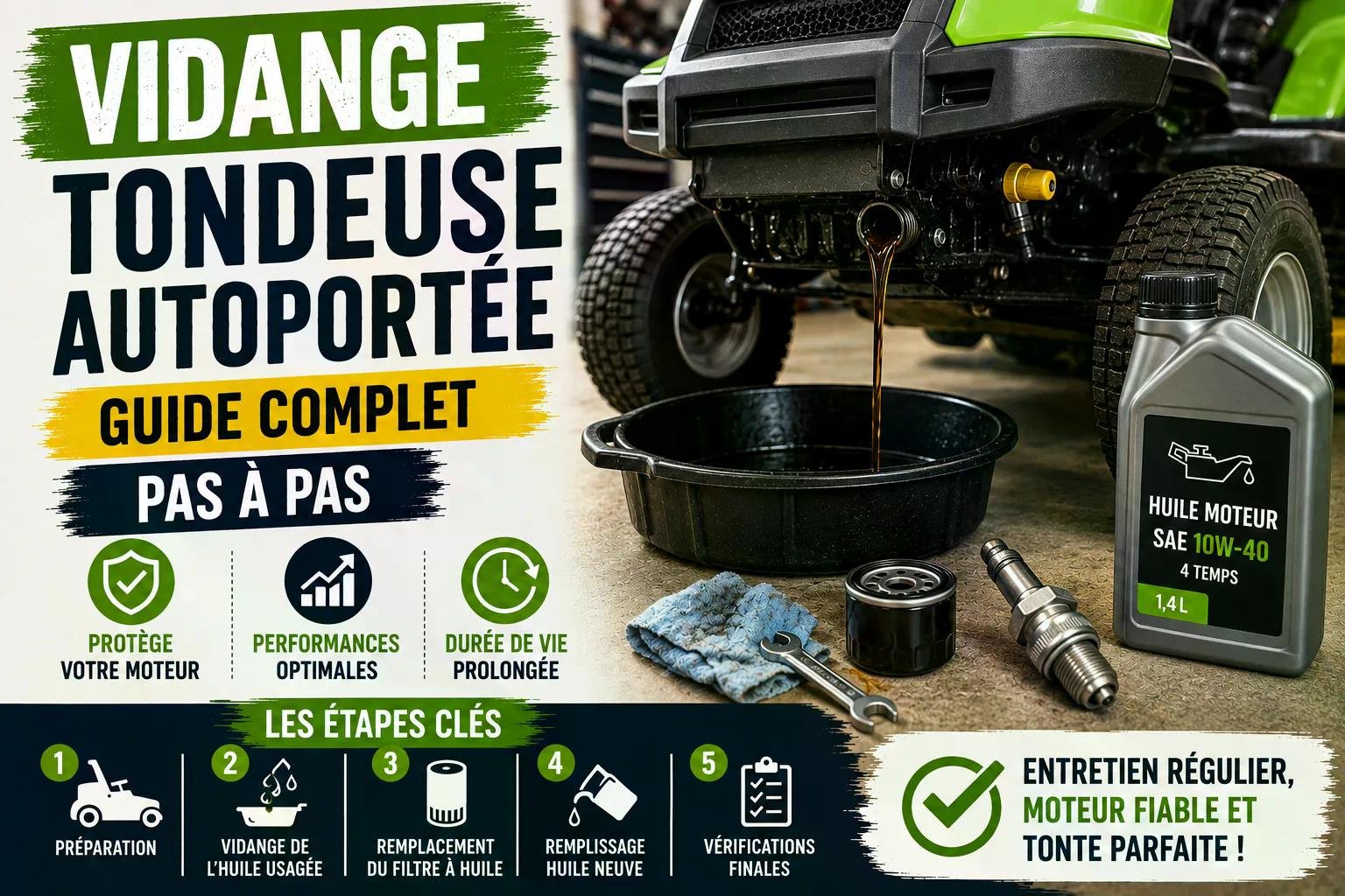 Vidange et entretien d’une tondeuse autoportée : moteur et outil de vidange près d’un tracteur, bouteille d’huile moteur et pièces sur fond noir, logo “GUIDE COMPLET PAS À PAS”. Vidange et entretien d’une tondeuse autoportée : moteur et outil de vidange près d’un tracteur, bouteille d’huile moteur et pièces sur fond noir, logo “GUIDE COMPLET PAS À PAS”.