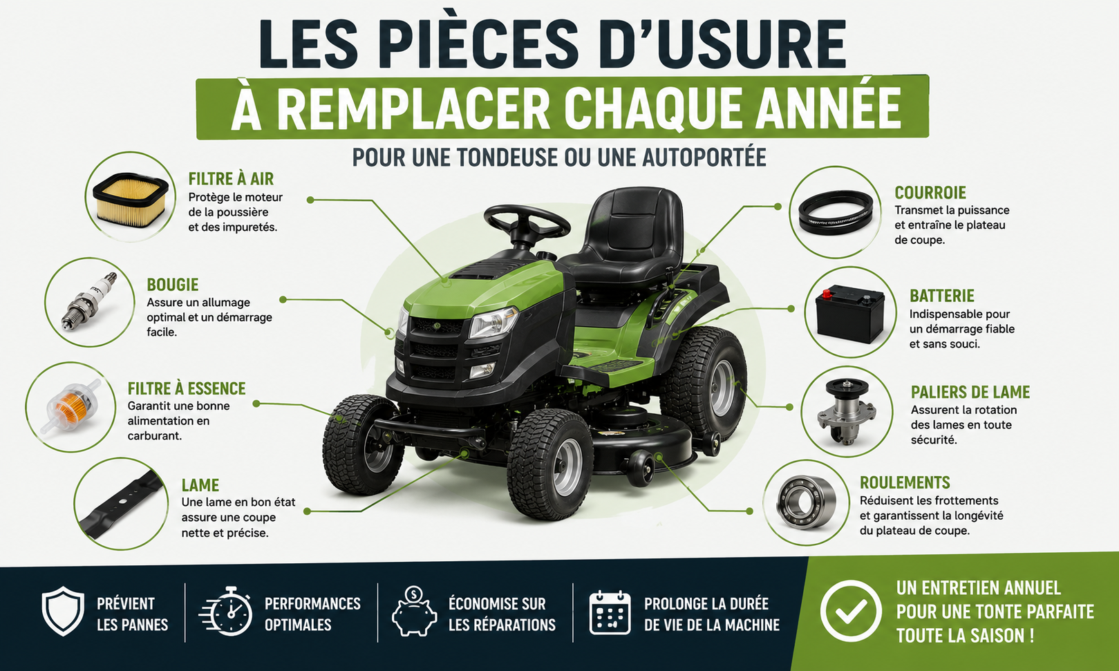 Les pièces d'usure à remplacer chaque année sur une tondeuse ou une autoportée