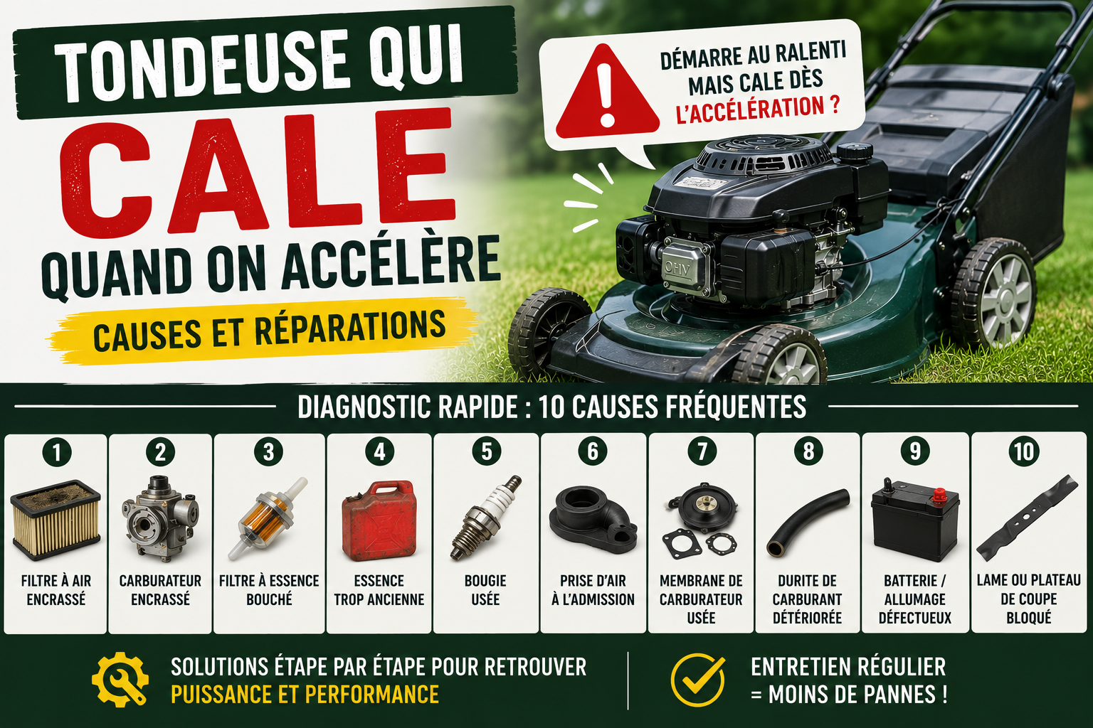 Tondeuse qui cale quand on accélère : causes et réparations