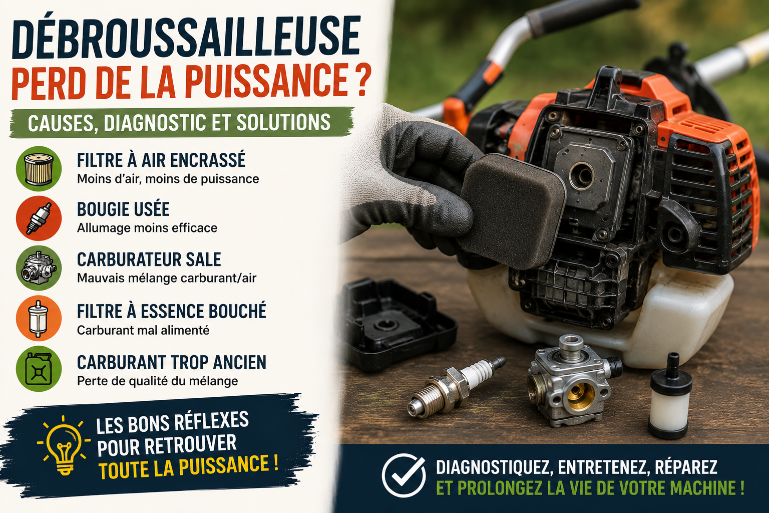 Pourquoi votre débroussailleuse perd de la puissance ? Causes, diagnostic et solutions